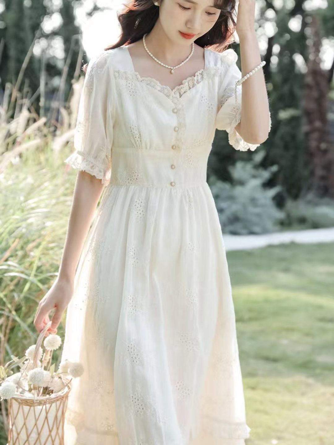 French Square Neck Short Sleeve White Dress