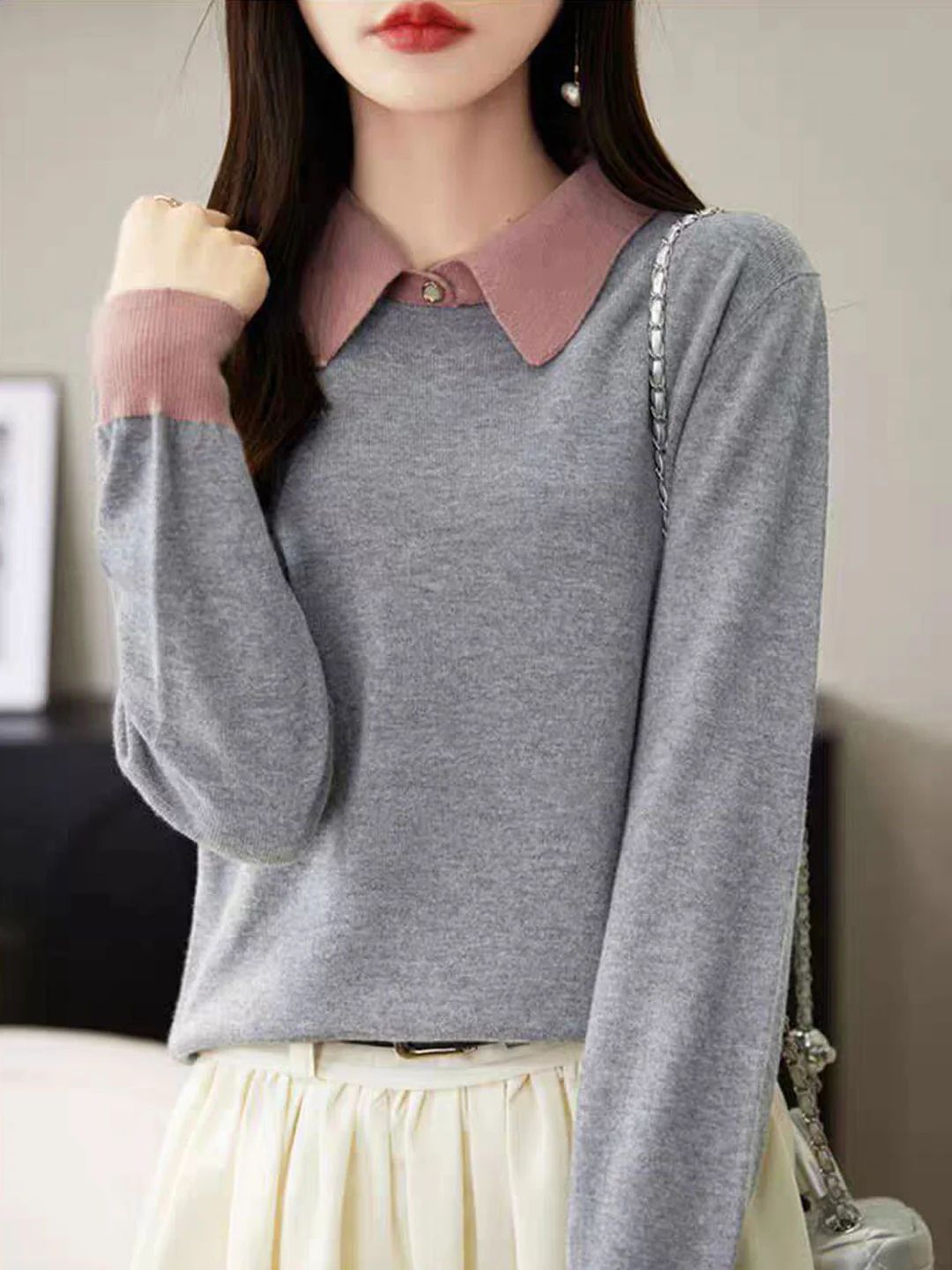 Loose Lapel Color-Blocked Knitted Top