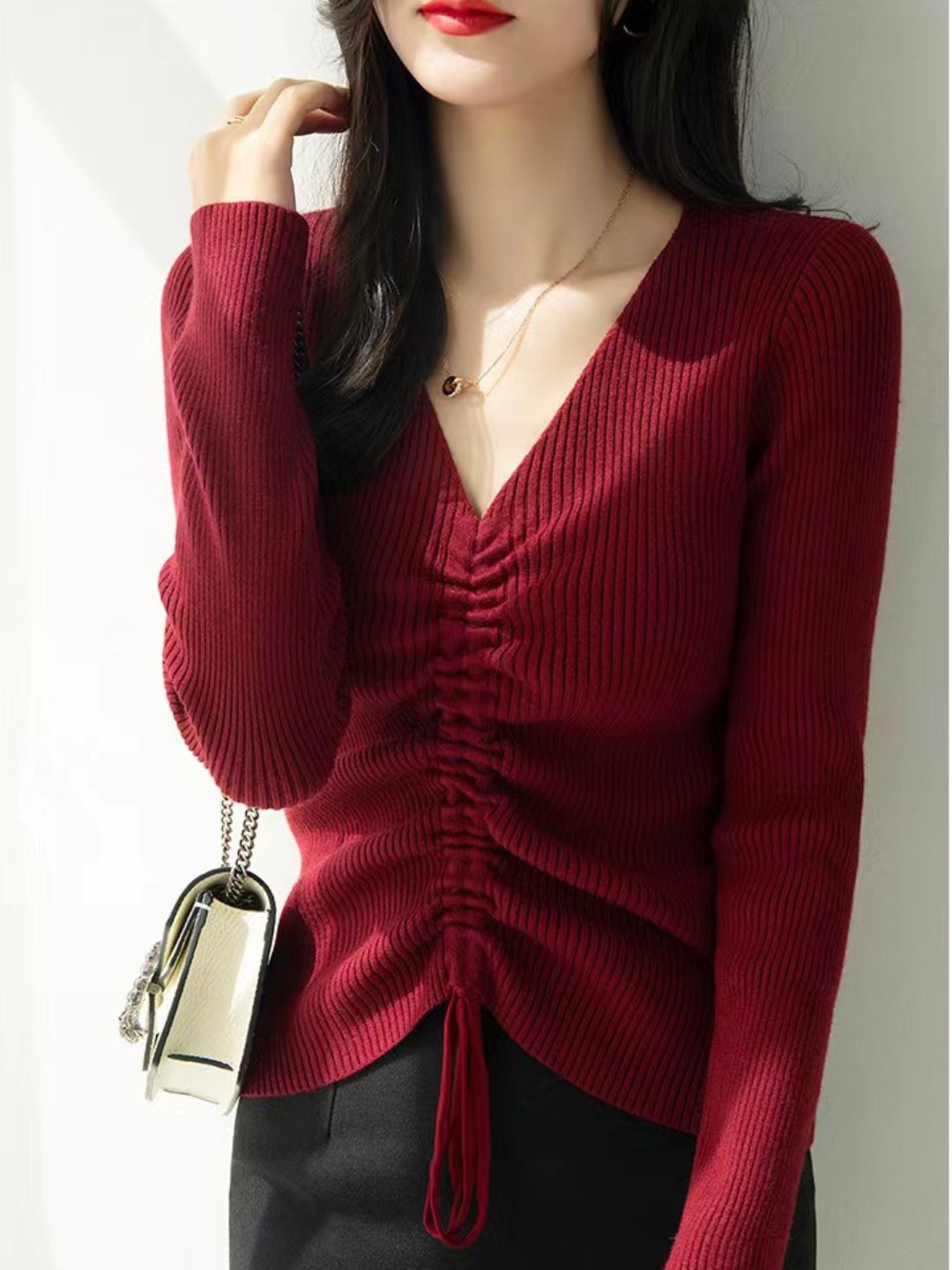 V-neck Drawstring Sweater