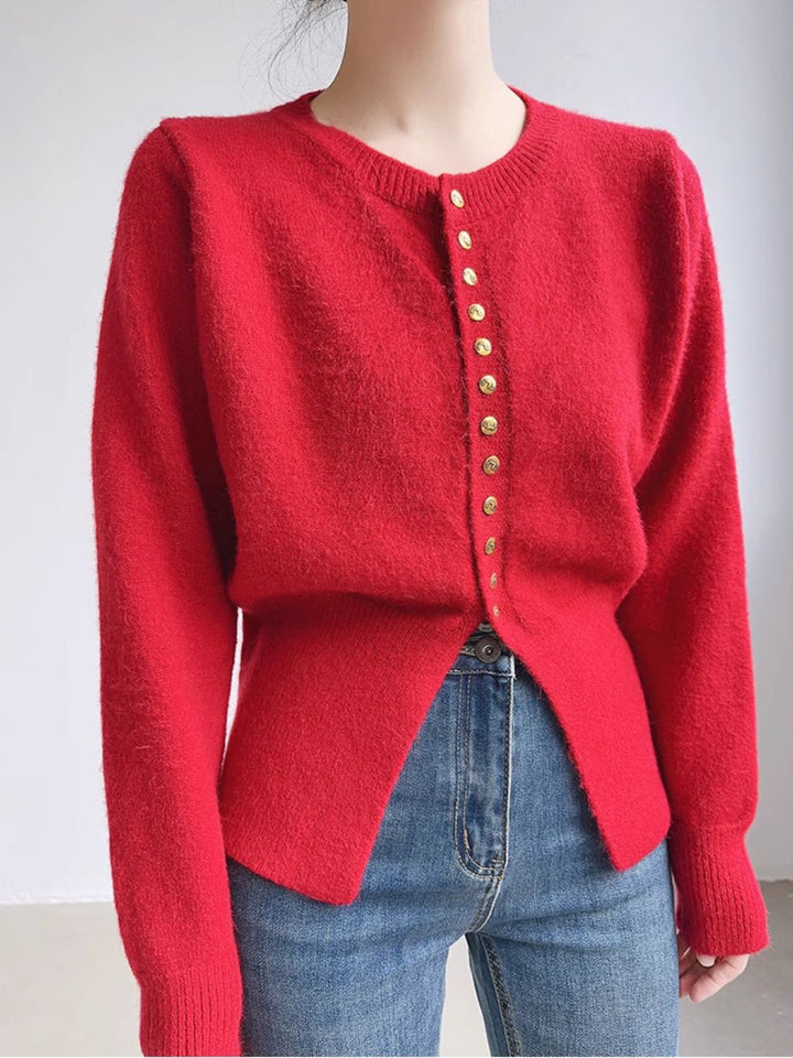 Crew Neck Solid Color Button Knitted Top