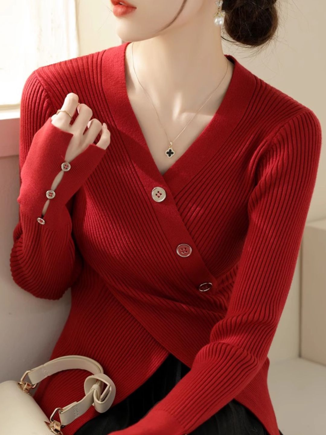 V-neck Cross Button Slit Sweater