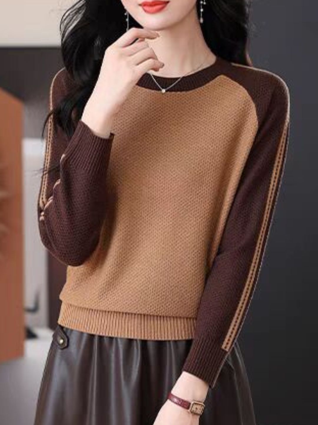 Casual Crew Neck Colorblock Knitted Sweater