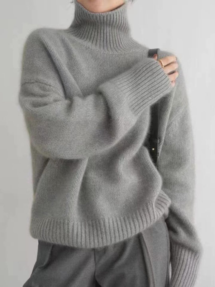 Turtleneck Solid Color Knitted Top -  Grey