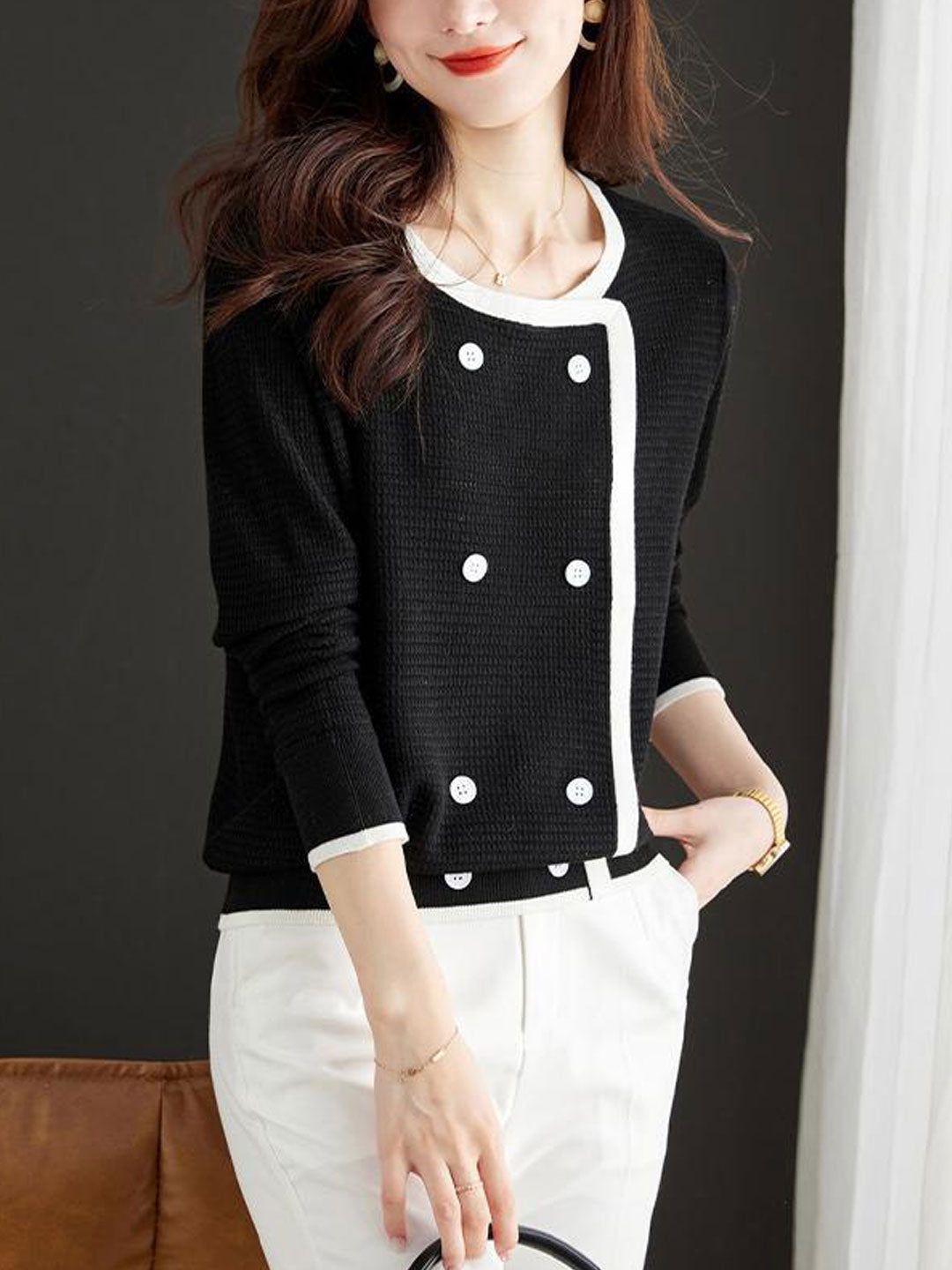 Loose Crew Neck Knitted Pullover Top