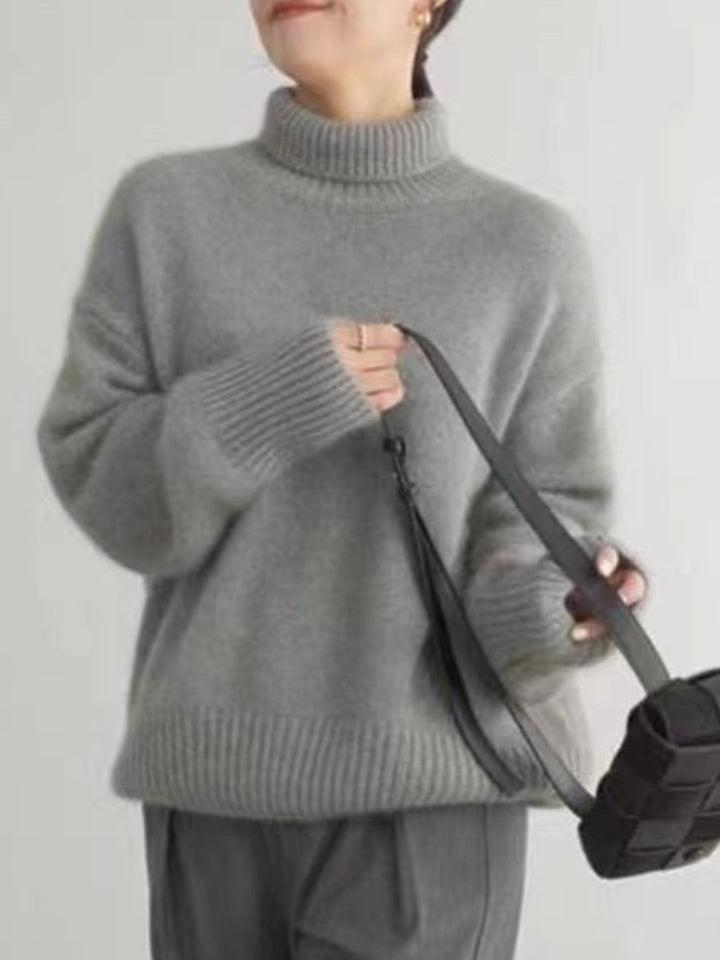 Turtleneck Solid Color Knitted Top -  Grey