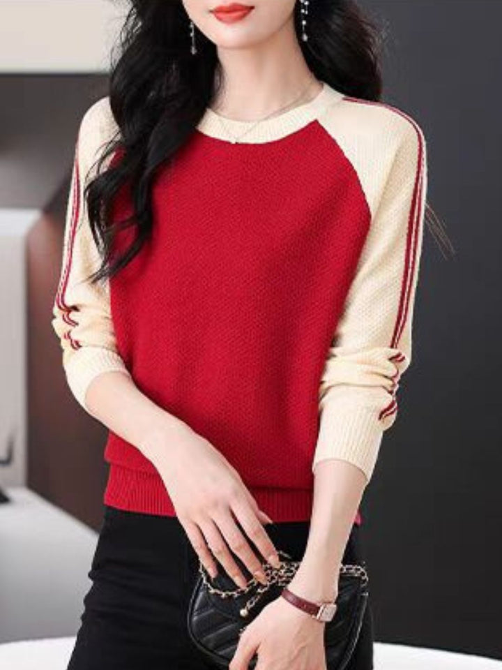 Casual Crew Neck Colorblock Knitted Sweater