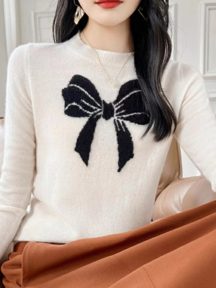 Loose Crew Neck Bow Jacquard Knitted Top