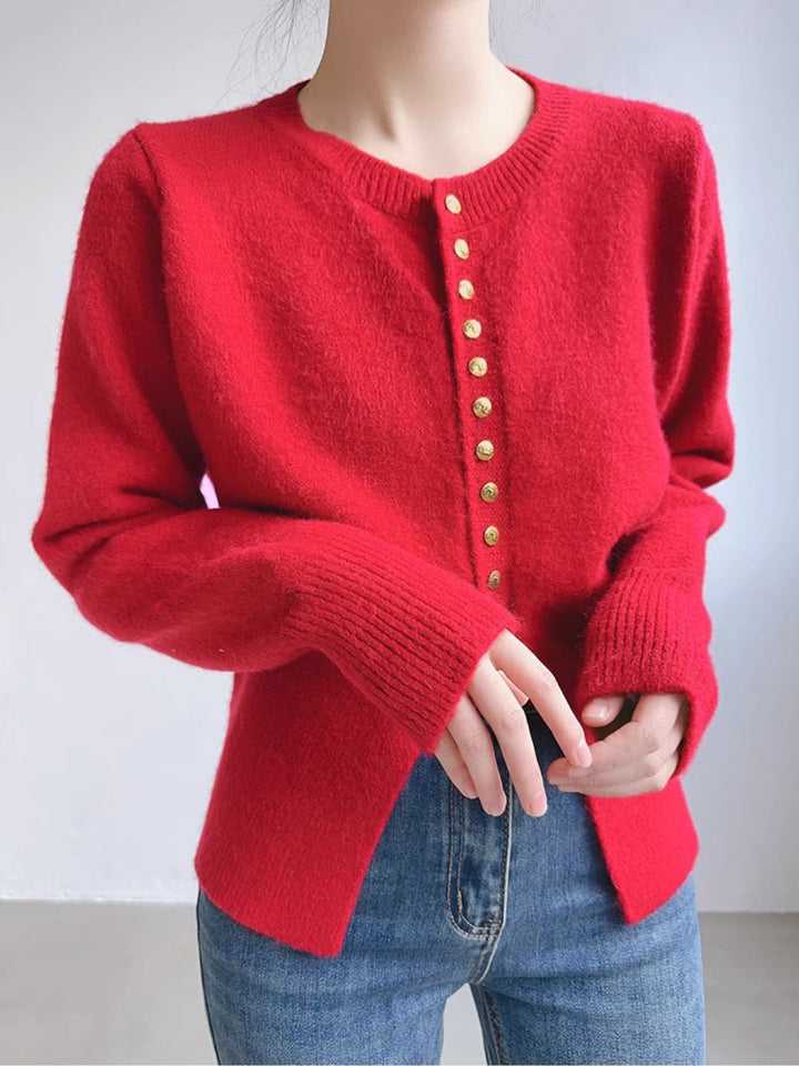 Crew Neck Solid Color Button Knitted Top