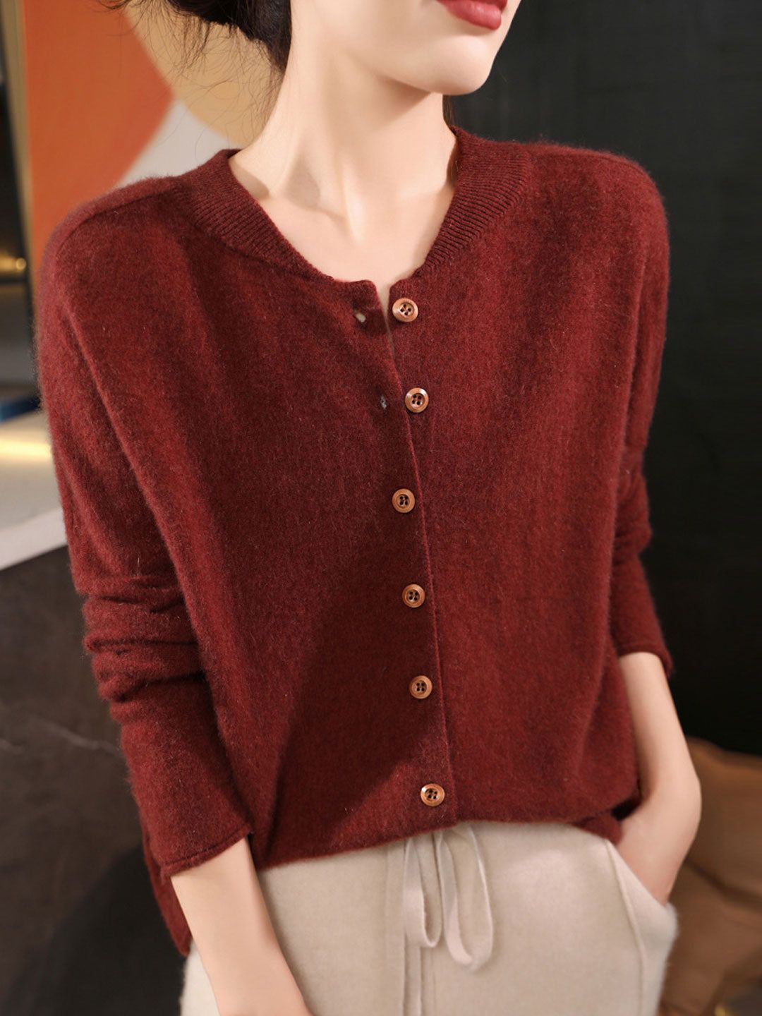 Classic Crew Neck Solid Color Knitted Cardigan