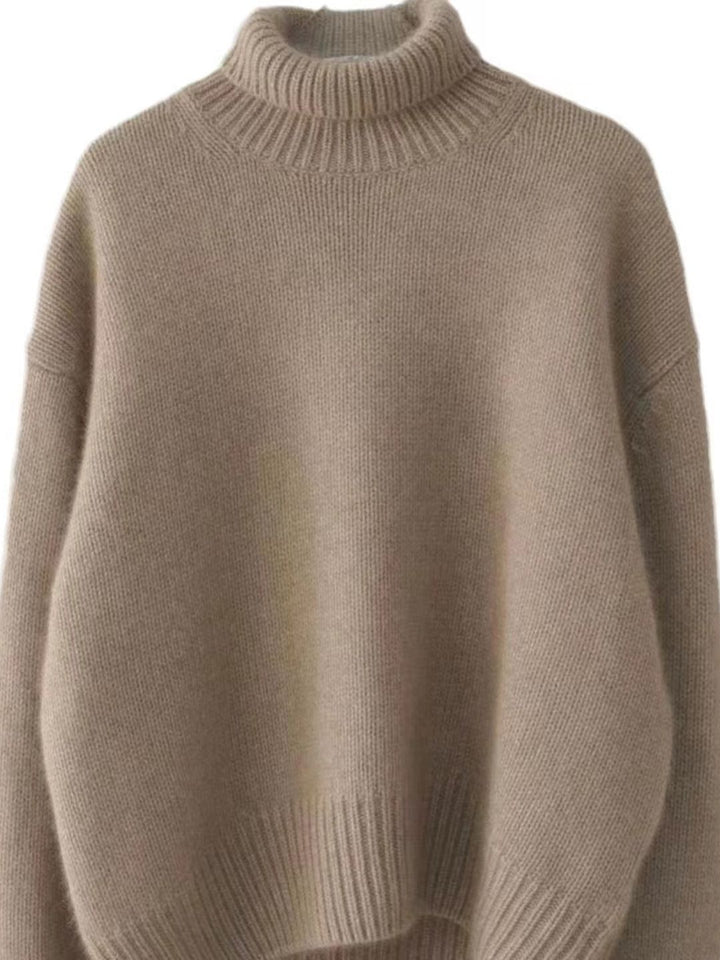 Turtleneck Solid Color Knitted Top -  Grey