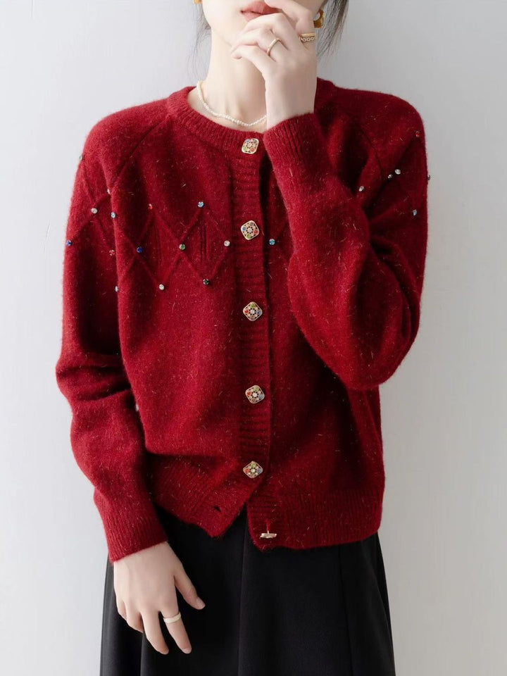 Crew Neck Beaded Knit Cardigan