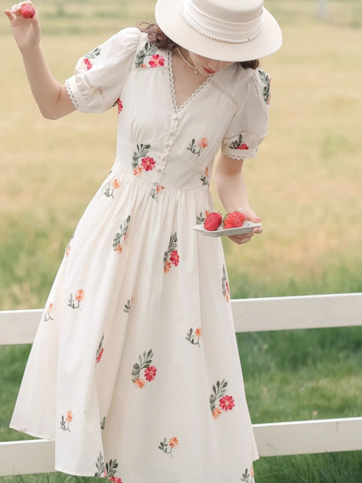 V-neck Floral Embroidered  Dress