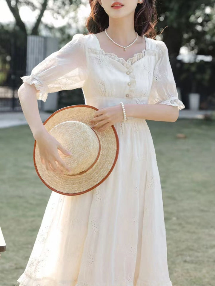 French Square Neck Short Sleeve White Dress