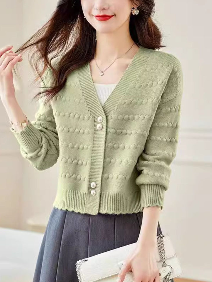 V-Neck Solid Color Auricular Knitted Cardigan - Green