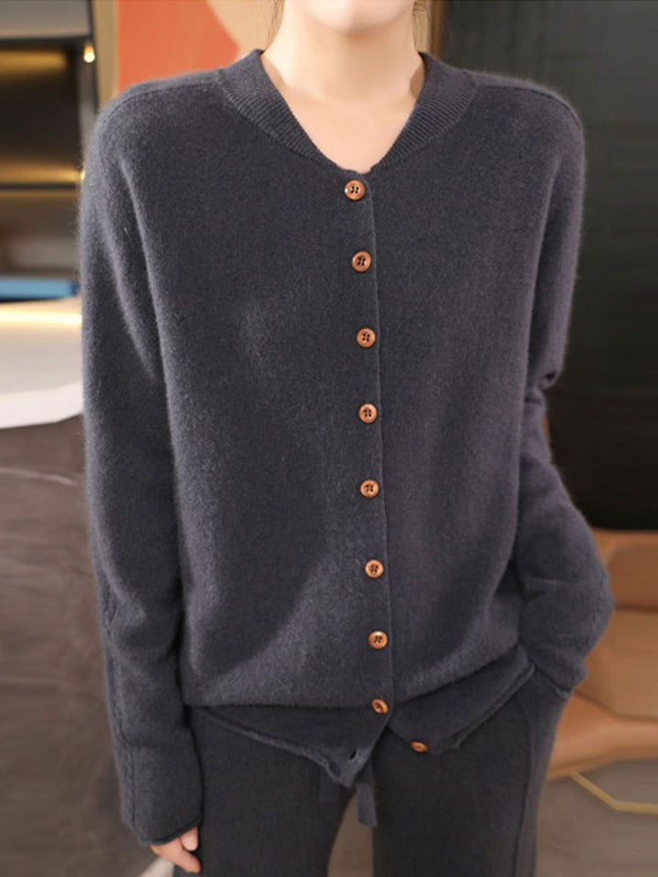 Classic Crew Neck Solid Color Knitted Cardigan