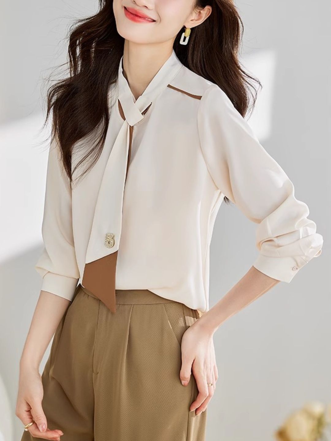 French Ribbon Bow Long Sleeve Chiffon Top - White