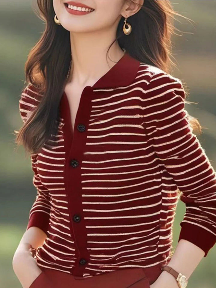 Brown Striped Lapel Knit Cardigan