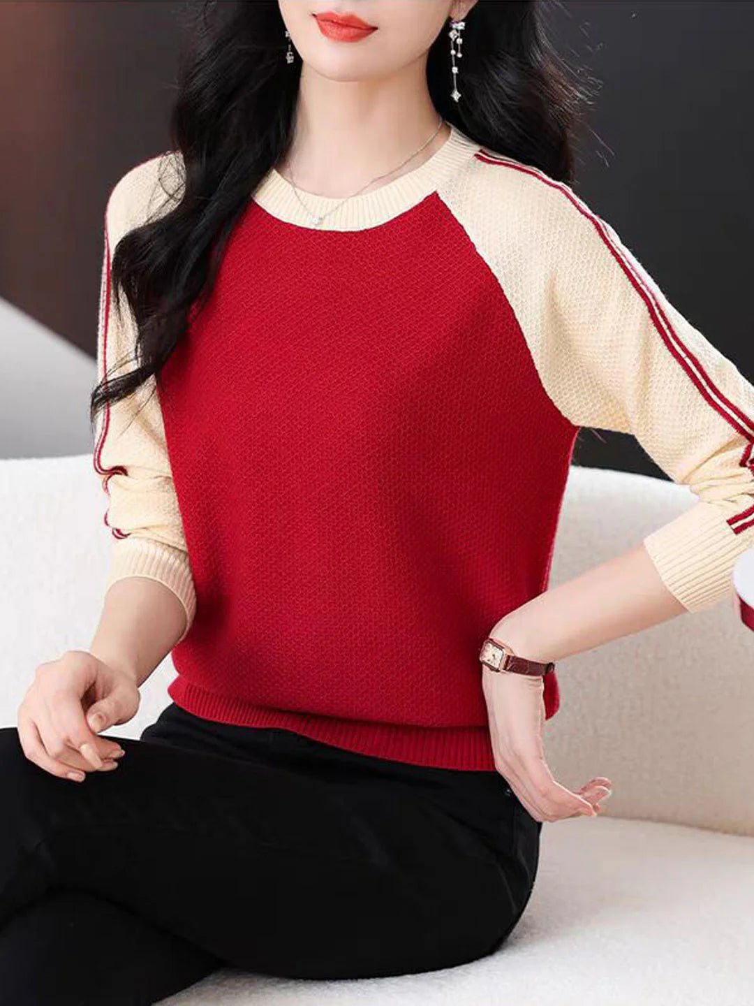 Casual Crew Neck Colorblock Knitted Sweater