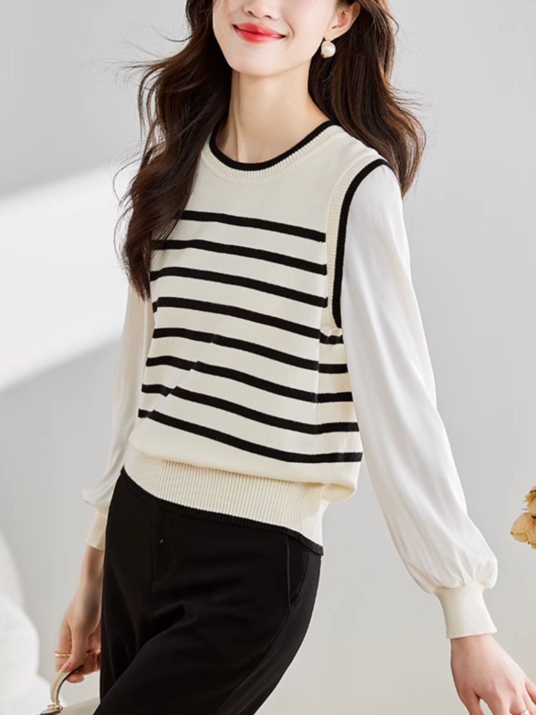 Long Sleeve Fake Two-Piece Striped Knit Top