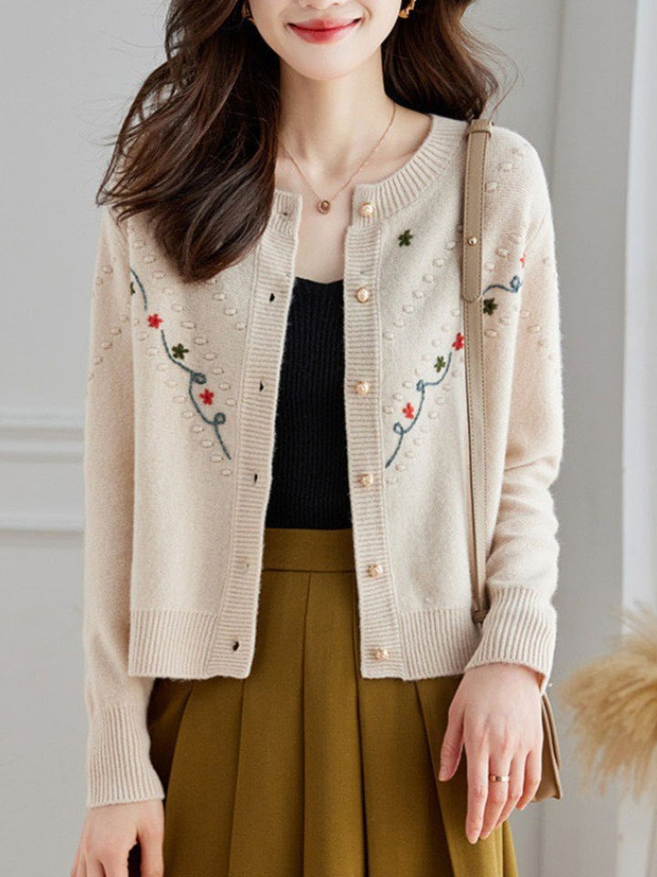 Crew Neck Embroidered Knitted Cardigan - Pink