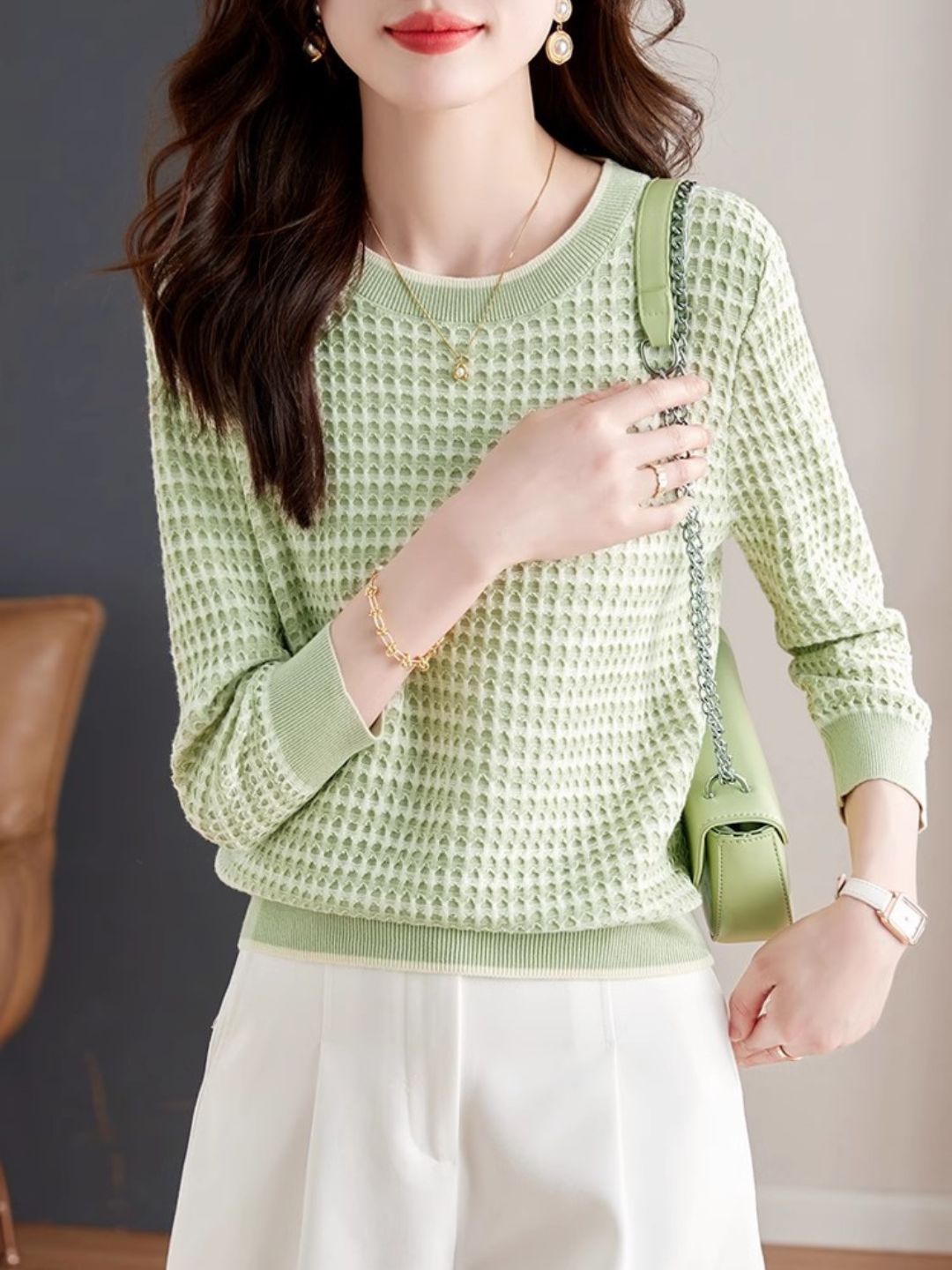 Long Sleeve Check Knit Top