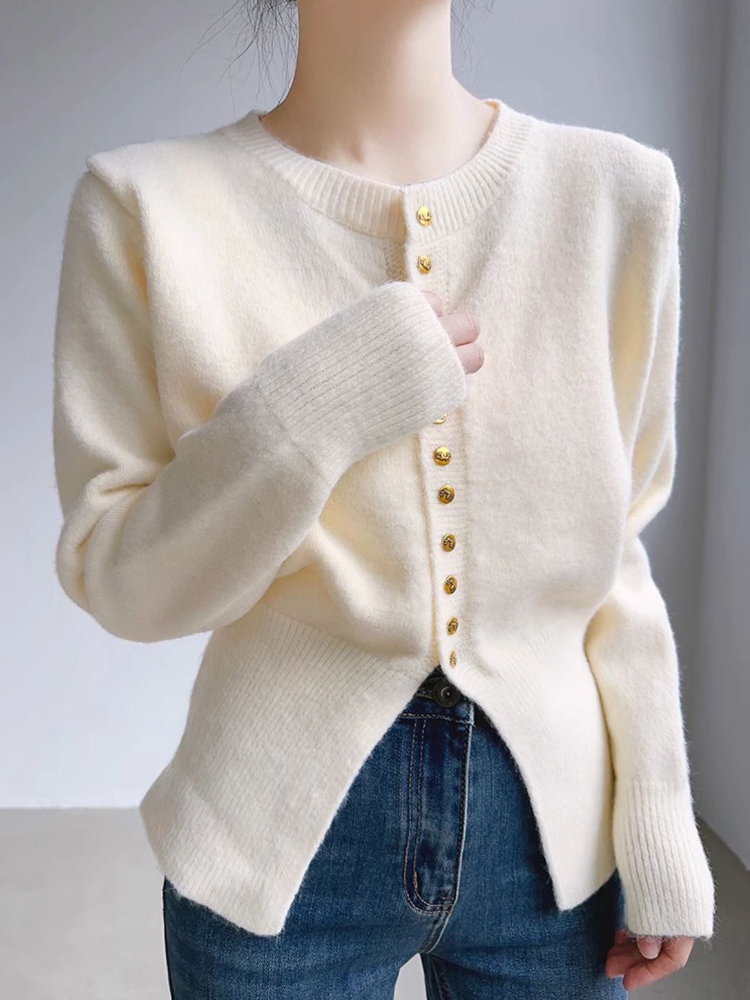 Crew Neck Solid Color Button Knitted Top