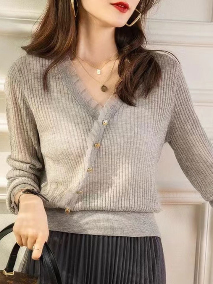 Casual V-neck Lace Knitted Cardigan