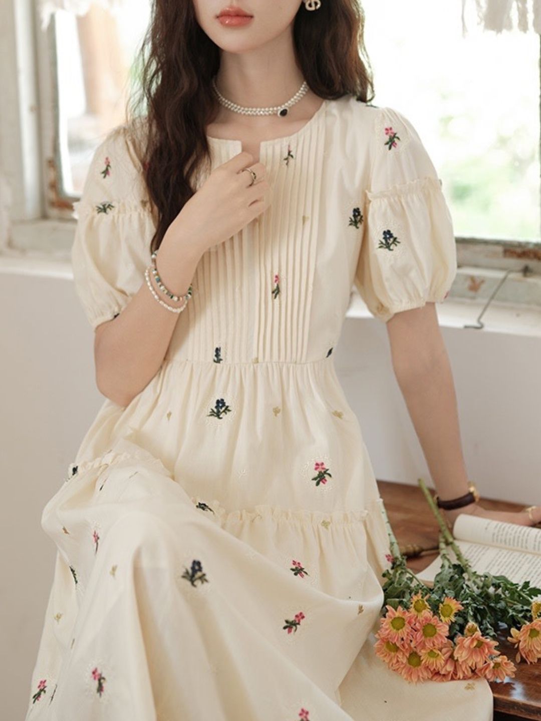 Puff Sleeve Embroidered Flower Dress