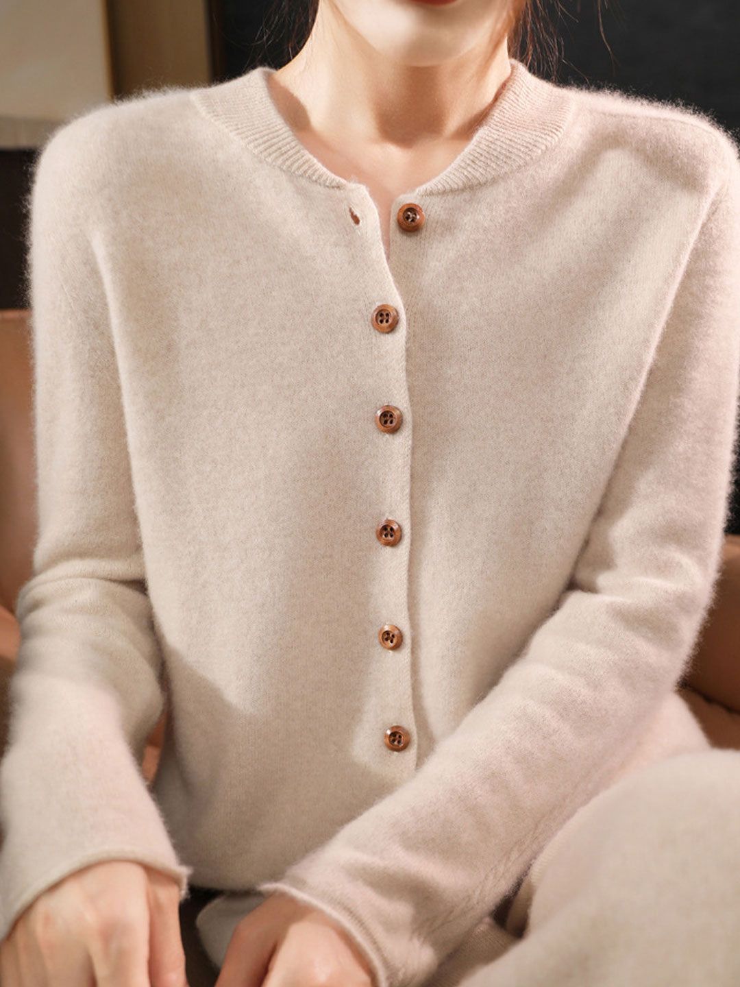 Classic Crew Neck Solid Color Knitted Cardigan