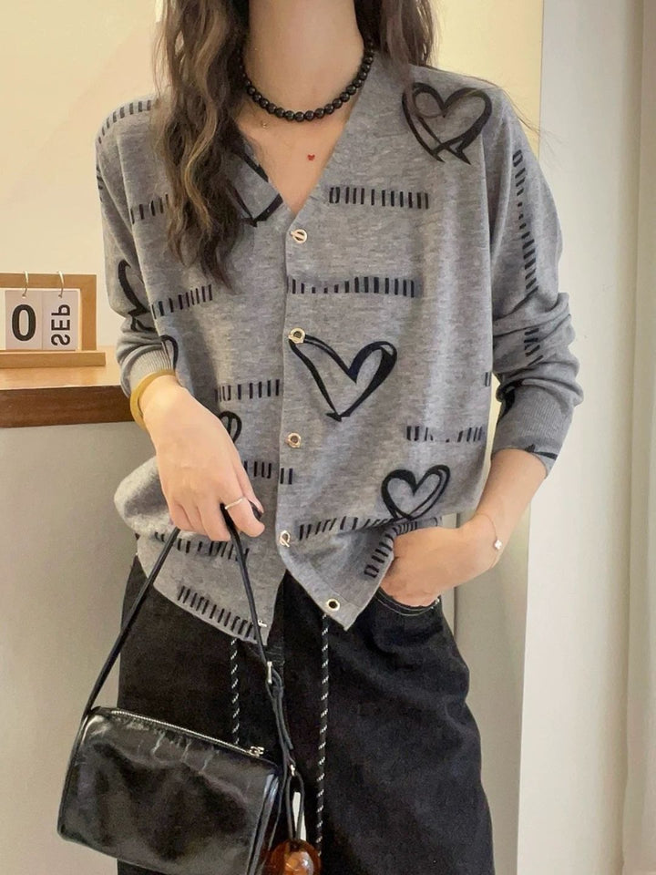 Casual V-neck Heart Knitted Cardigan Sweater