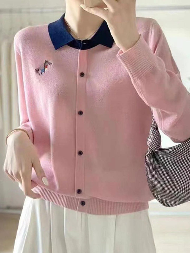 Colorblock Embroidered Knitted Cardigan