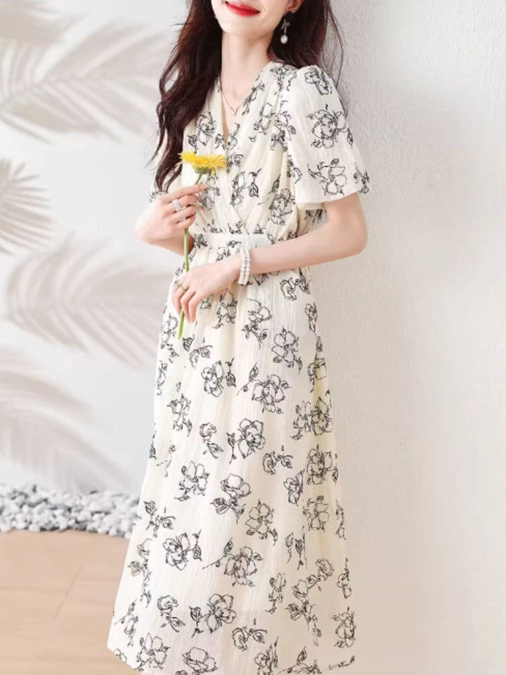 V-neck Printed Chiffon Dress