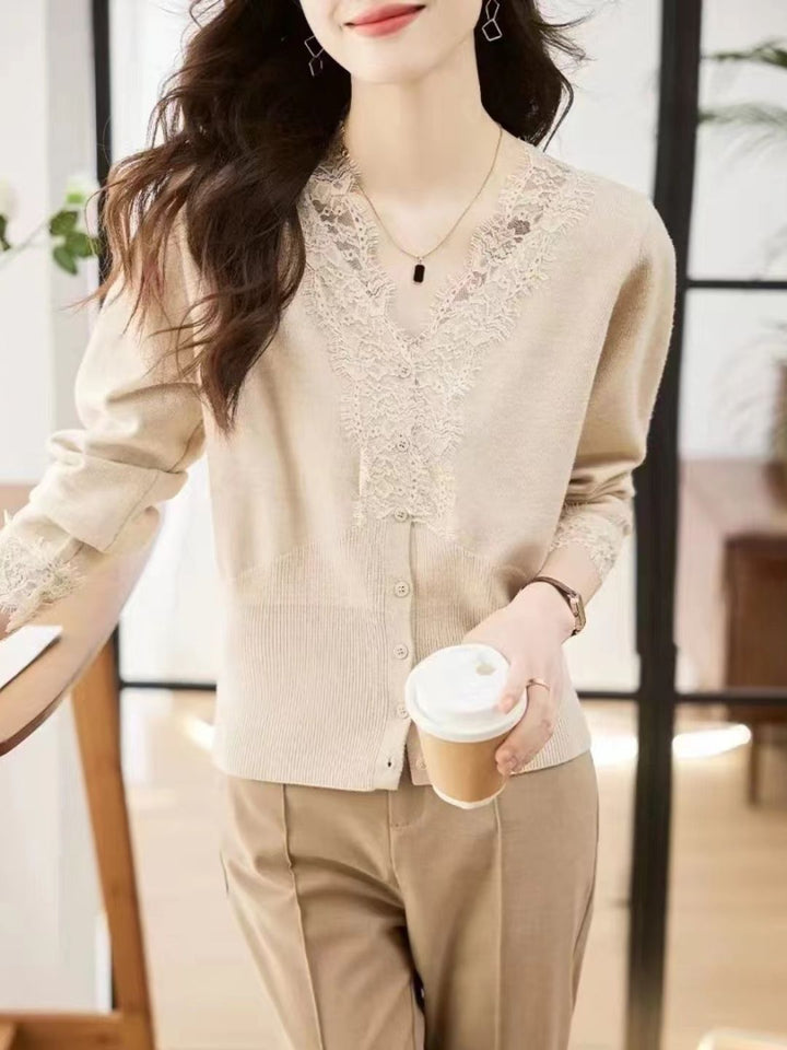 Lace Panel Knitted Cardigan - Apricot