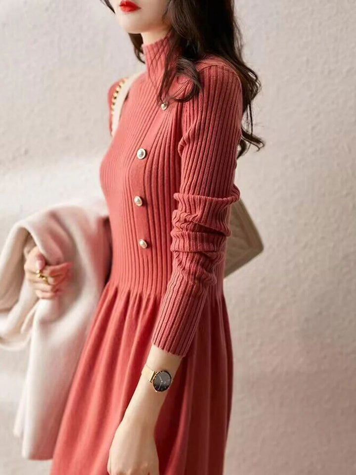 Turtleneck Solid Color Knitted Sweater Dress