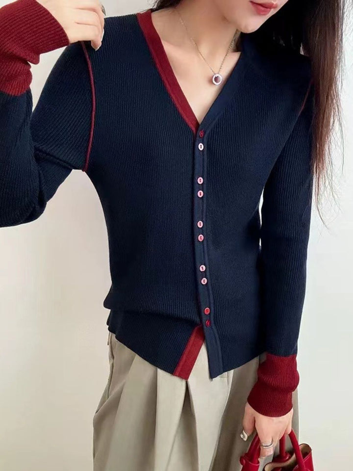 Colorblock V-neck Long-sleeved Knitted Cardigan