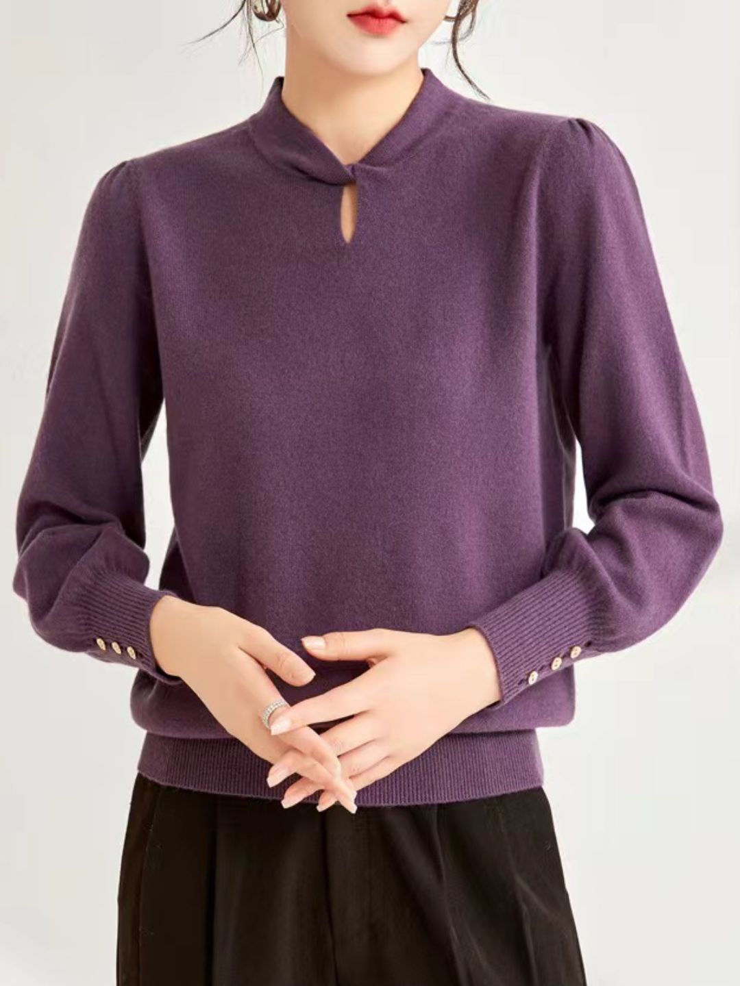 Casual Crew Neck Solid Color Knitted Top - Purple