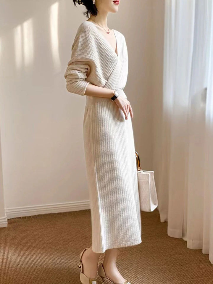 Vintage V-neck Knitted Sweater Dress - Coffee