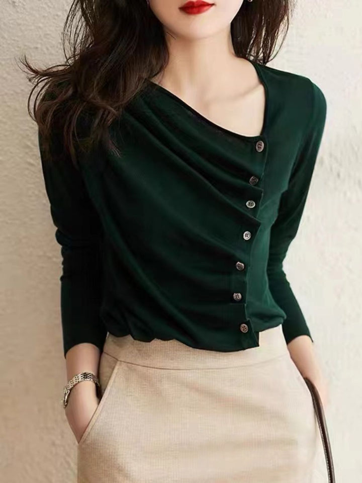 Asymmetric Pleated Buttoned Sweater