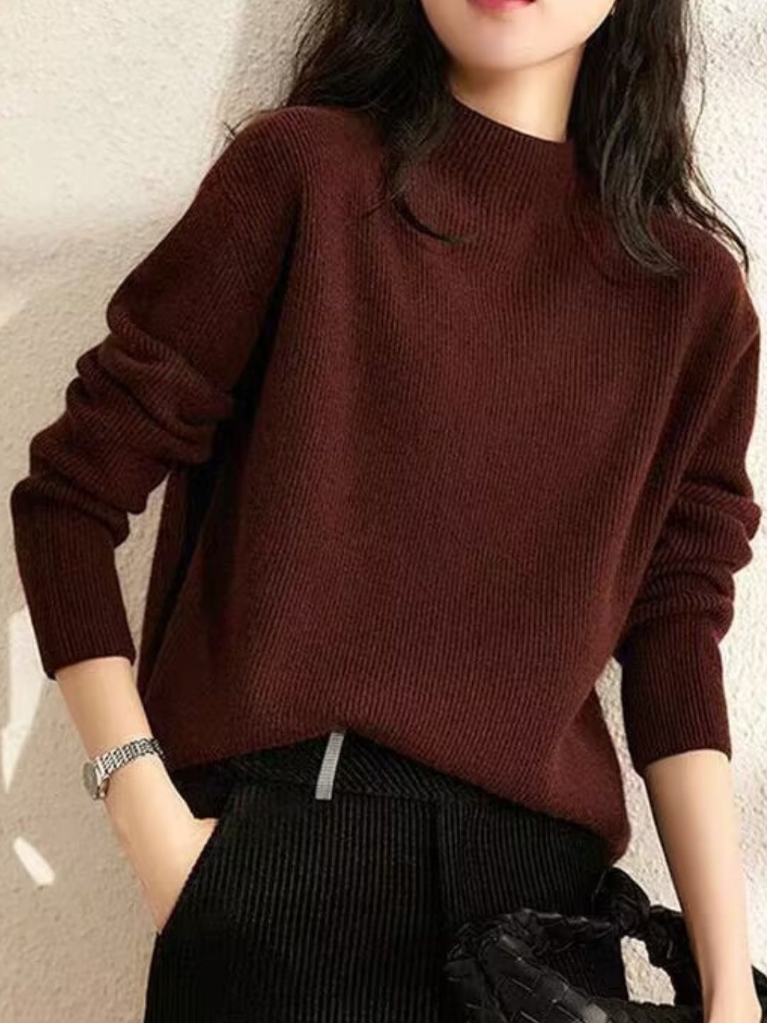 Solid Color High Collar Knit Top