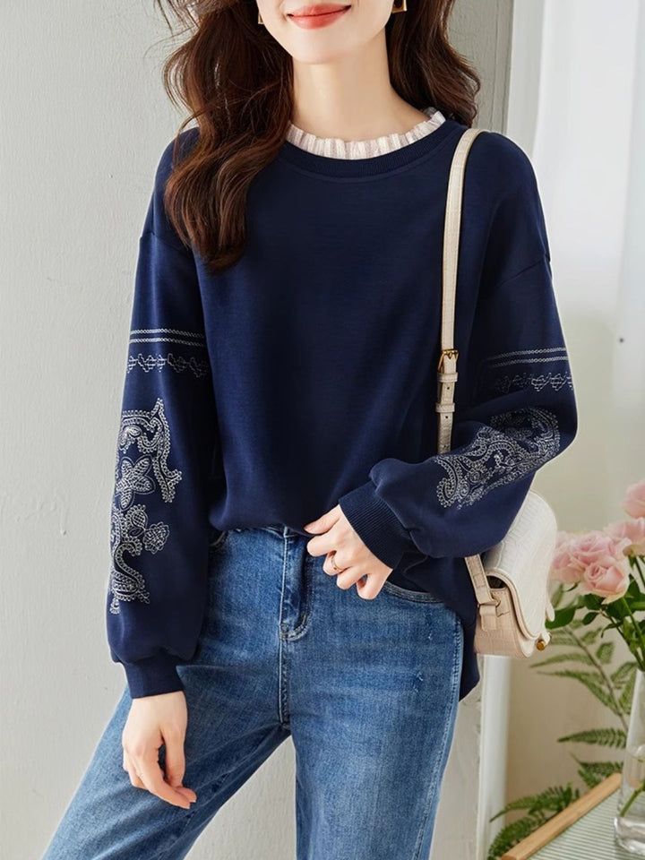 Lace Panel Embroidered Crew Neck Top