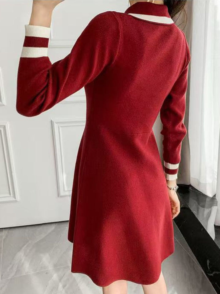 Classic Lapel Solid Knit Dress