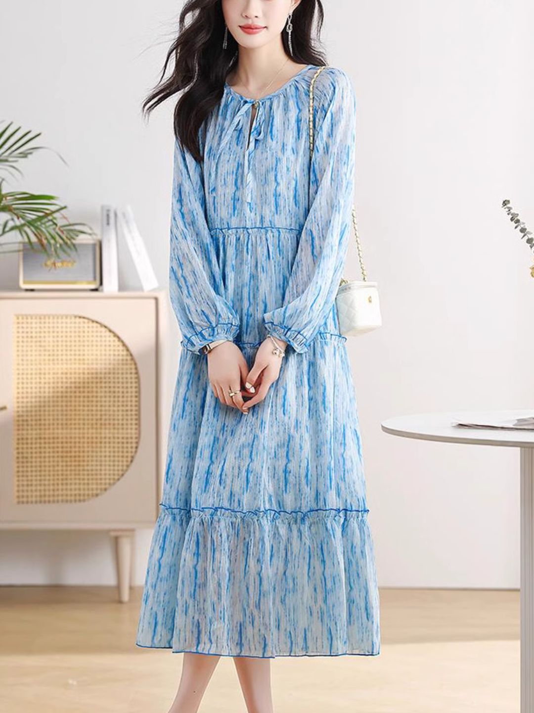 Retro Floral Dress- Blue Long