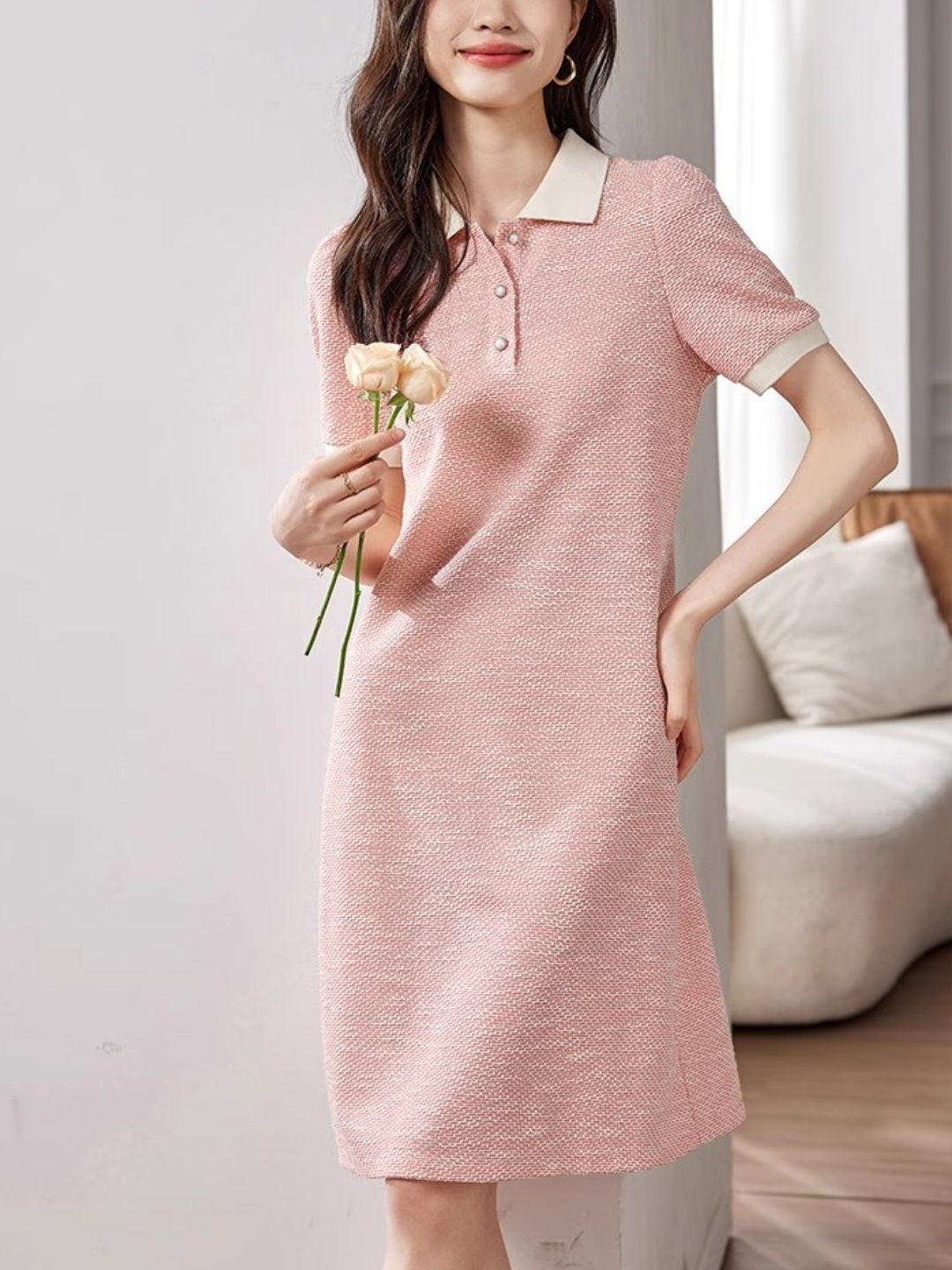 Contrast Color Lapel Textured Short Sleeve Dress