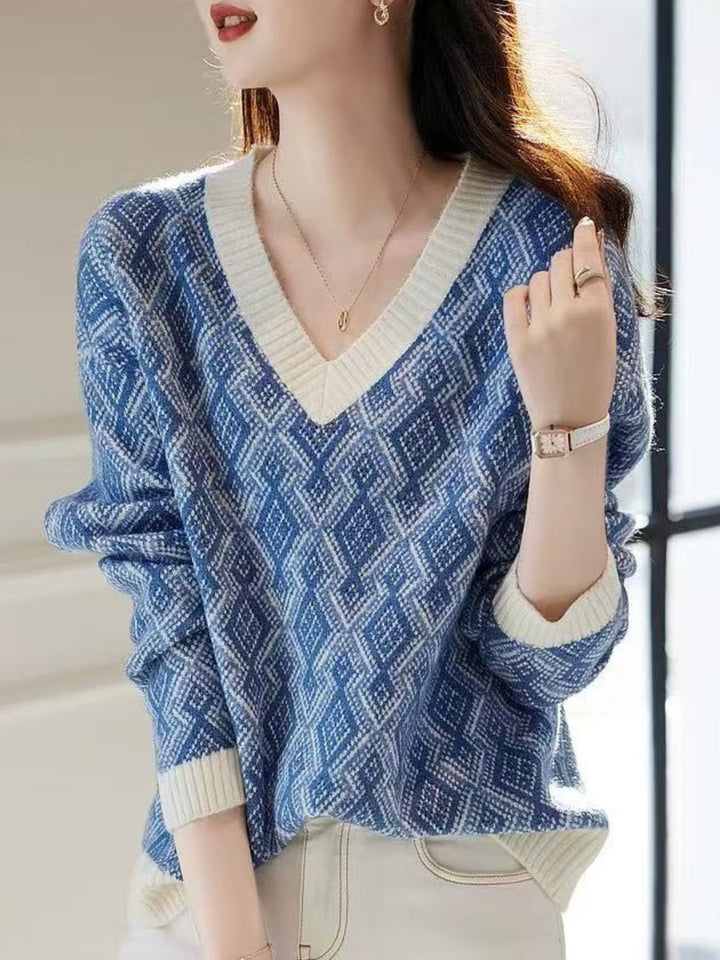 V-neck Contrast Check Sweater