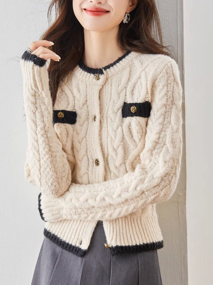 Classic Crew Neck Contrast Cardigan