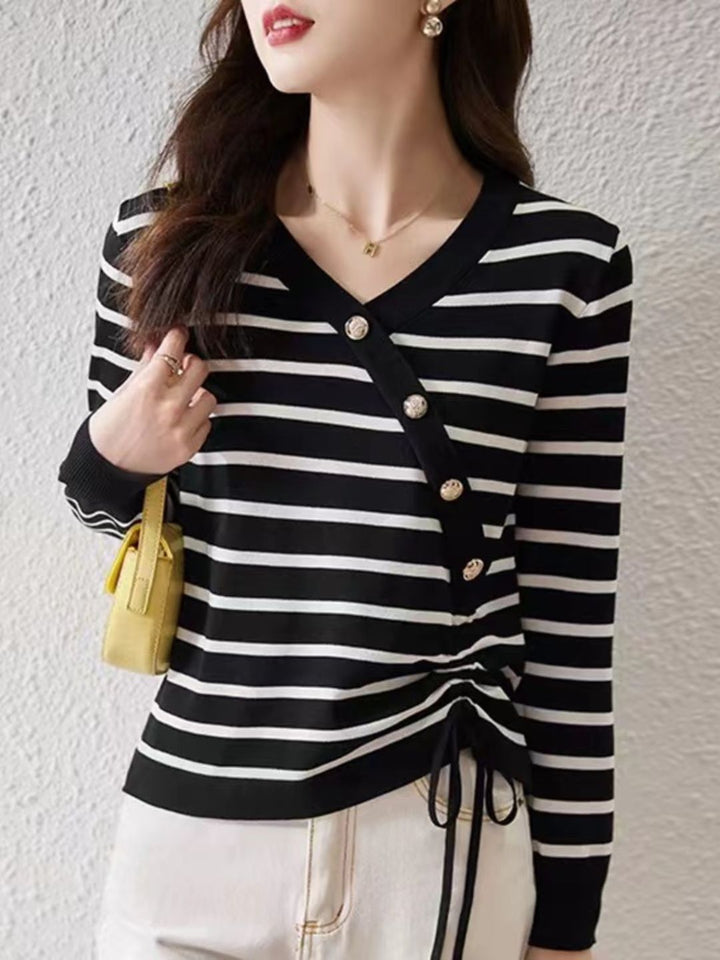 V-Neck Drawstring Striped Knitted Top