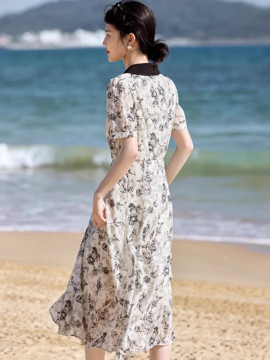 Lapel Floral Printed Chiffon Dress