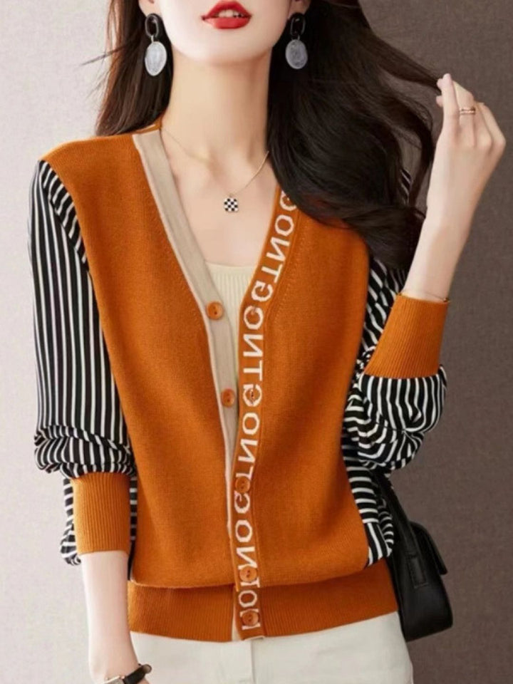 Casual V-Neck Striped Knitted Cardigan