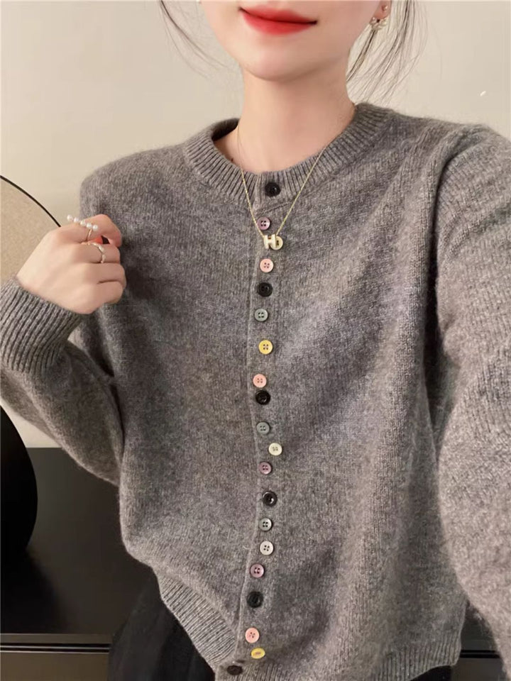 Classic Crew Neck Colorful Button Knit Cardigan