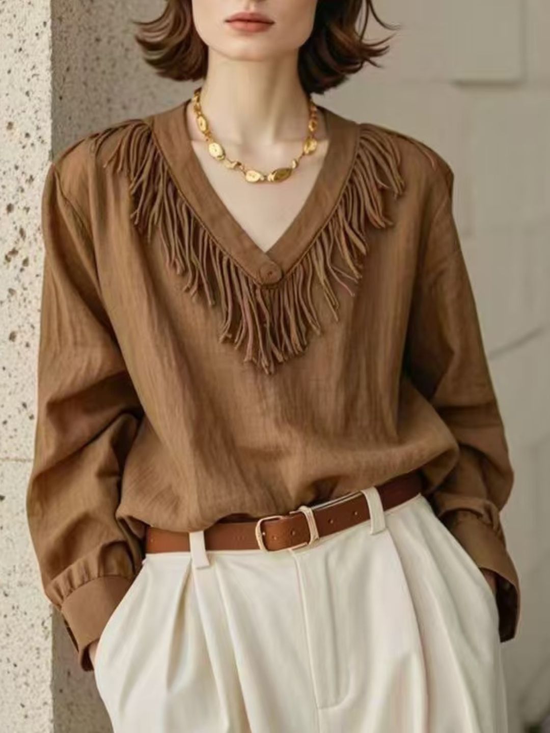 Vintage Brown Tassel V-Neck Shirt